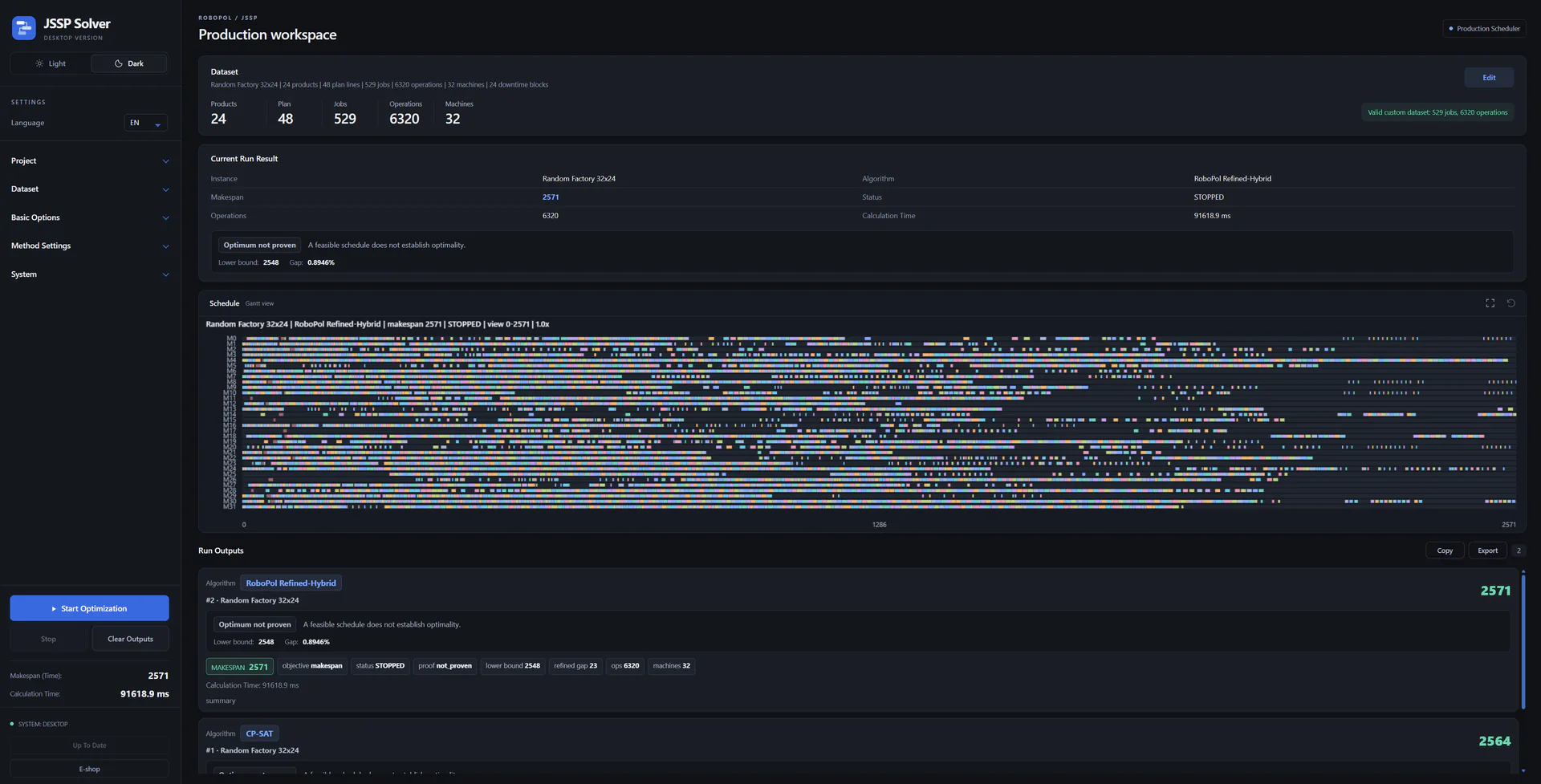 RoboPol Production Scheduler — dark workspace with a large factory schedule