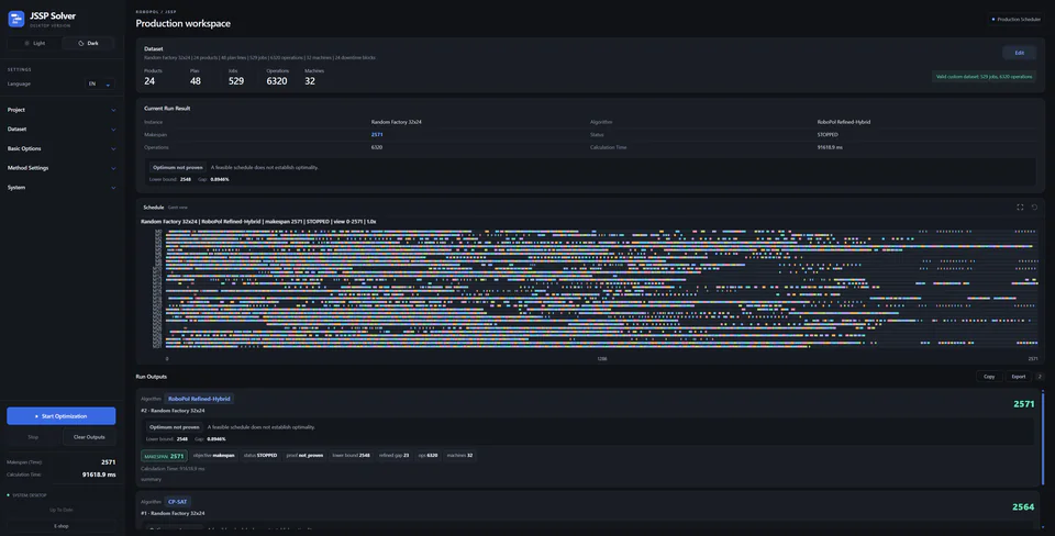 JSSP Solver — production workspace and Gantt schedule