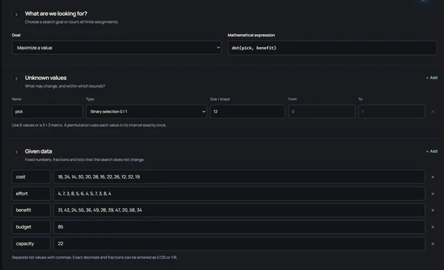 Your own mathematical model — The actual input form: an objective, decision variables and separate data. A project-selection model is shown.